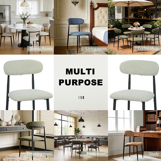 FREKEN Modern Upholstered Dining Chairs Set of 2, Mid-Century Metal Frame Linen Fabric Side Chair for Kitchen Dining Room, 350lbs Capacity, Beige