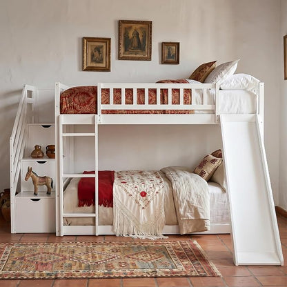 RUNNA Full Over Full Bunk Bed, Staircase with Drawers, Slide, Ladder | full over full bunk bed, staircase with drawers, convertible slide and ladder, solid pine wood, guardrails, no box spring