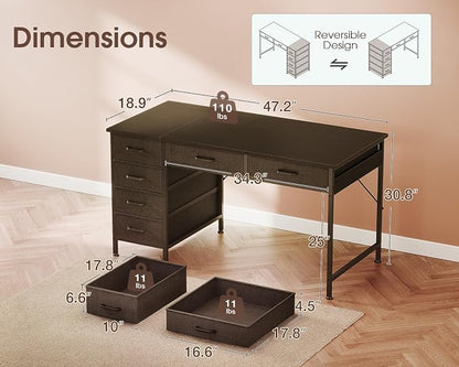 Casaottima 48 Inch Computer Desk with 6 Drawers, Reversible Storage Desk for Home Office, Work Study Table for Bedroom, Black