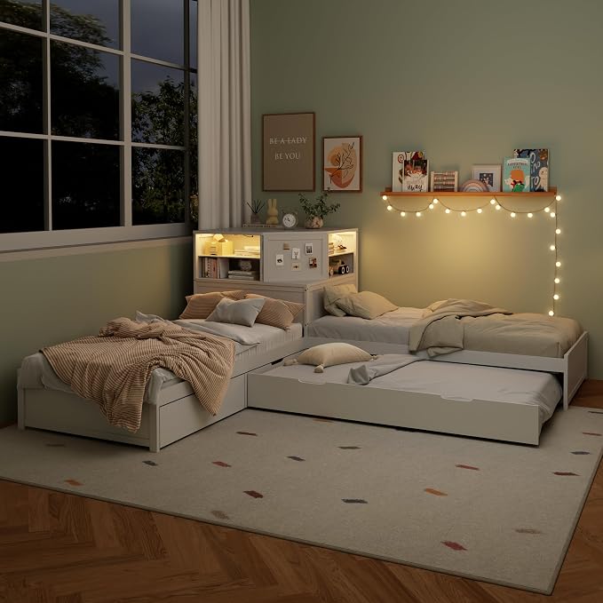 Merax L-Shaped Combination Twin Bed Frame with Trundle,Drawer,Built-in Desk and Led Downlight,3-in-1 Design for Bedroom