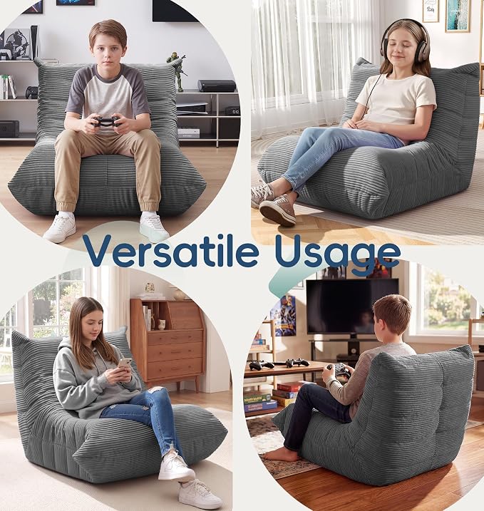 Hobestluk Medium Bean Bag Chair Faux Fur Fabric BeanBag Couch for Playroom | Grey Corduroy,Ergonomic Design,Memory Foam,Strong Supportive,No Assembly Required,Decorative Style for Living Room Bedroom