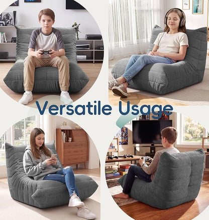 Hobestluk Medium Bean Bag Chair Faux Fur Fabric BeanBag Couch for Playroom | Grey Corduroy,Ergonomic Design,Memory Foam,Strong Supportive,No Assembly Required,Decorative Style for Living Room Bedroom
