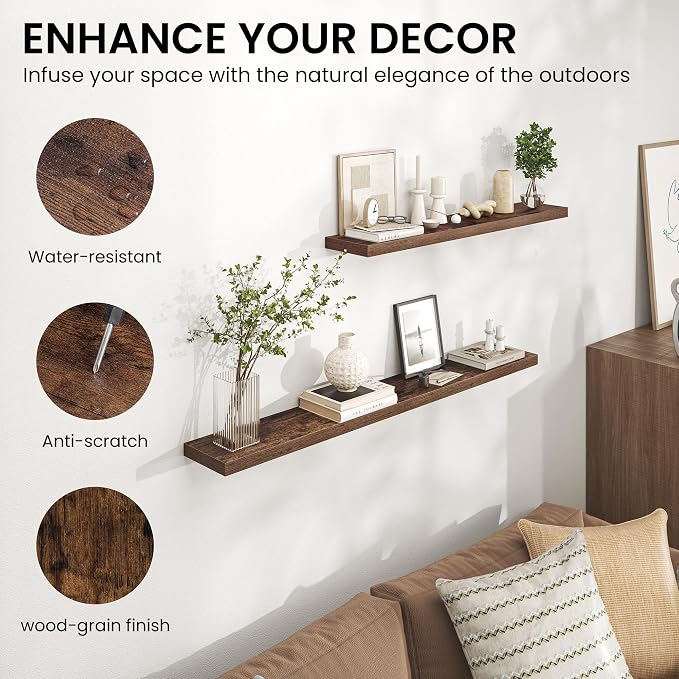 Heimlove 55 Inch Floating Shelves for Wall,Extra Long Mounted Storage wall Shelves with Invisible Metal Bracket for Bedroom Living Room Kitchen Office Set of 2,Rustic Brown