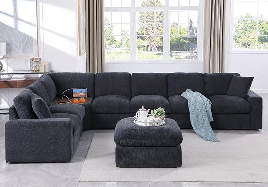 Ball & Cast 146" Oversized Modular L-Shaped Sectional Sofa,Large Chenille Upholstered Couch 8 Seat with Movable Ottoman & 2 Pillows,Comfty Sectionals W/Cup Holders & USB Port,for Living Room,Dark Gray