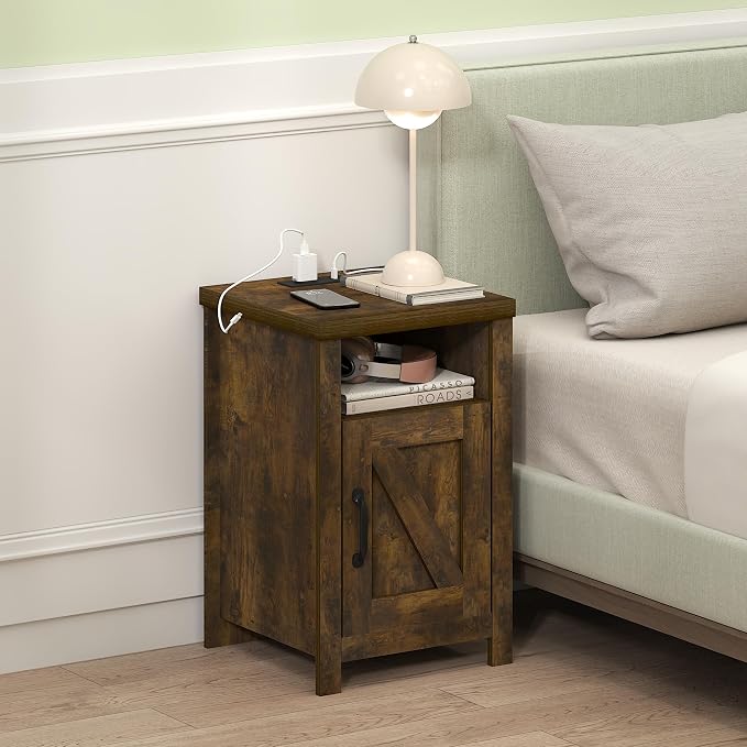 Furinno Farmhouse Night Stand with Charging Station, Bedside Table, Side Table, End Table with Door, USB Ports and Outlets, for Bedroom, Closet, Dorm, Amber Oak
