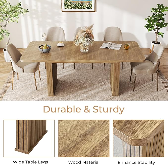 Zevemomo 63"-78.7" Expandable Dining Table, 6-10 Farmhouse Kitchen Table, Extendable Dining Table, Rectangular Table with Metal Track, Widened Wood Striped Legs for Dining Room, Office-Beige Brown