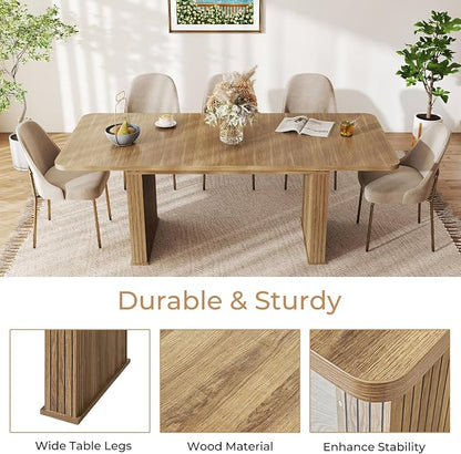 Zevemomo 63"-78.7" Expandable Dining Table, 6-10 Farmhouse Kitchen Table, Rectangular Extendable Dining Table, with Metal Slide Track, Widened Wood Striped Legs for Dining Room-Beige Brown