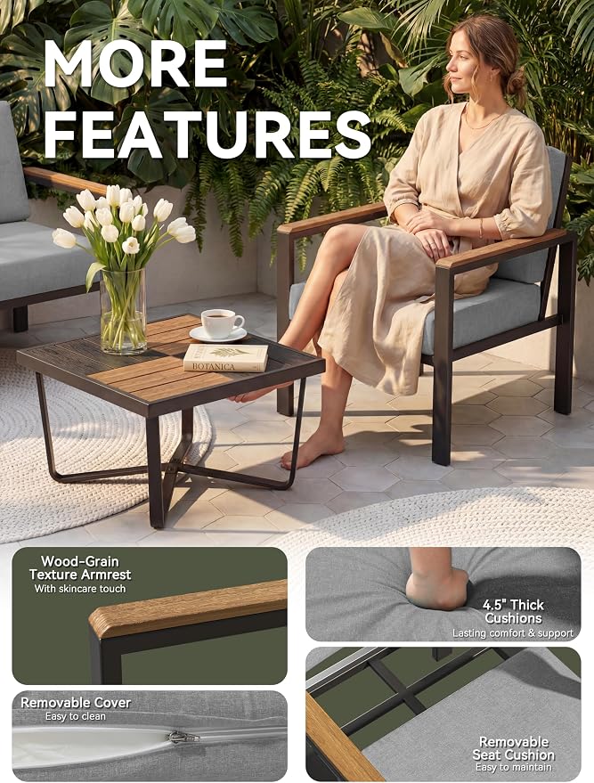 4-Piece Patio Furniture Set with Coffee Table & Removable Washable Cushions, All-Weather Metal Frame and Wood-Like Armrests for Porch, Garden, Balcony,Grey