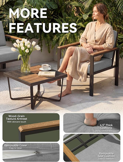 4-Piece Patio Furniture Set with Coffee Table & Removable Washable Cushions, All-Weather Metal Frame and Wood-Like Armrests for Porch, Garden, Balcony,Grey
