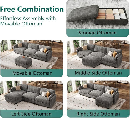 Modular Sectional L Shaped Sofa Couches for Living Room, Cloud Couch with Storage Ottoman, Comfy Chenille Sofa with Pillow, Dark Gray