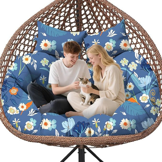 Double Egg Chair Cushion Replacement for Outdoor Patio Hanging Basket Egg Chairs, 59x43 Inch Thickened 100% Cotton Large Waterproof Double Eggs Swing Chair Cushions, Blue Peony