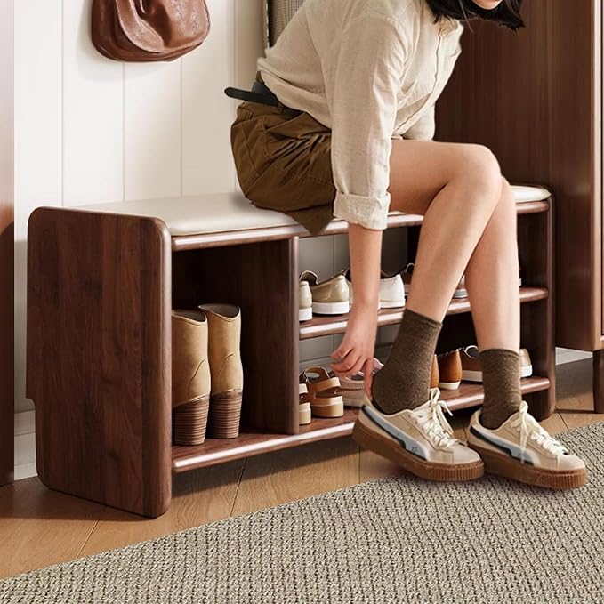 Entryway Shoe Rack Storage Bench Shoe Organizer Ottoman with Storage for Front Door Entrance Shoe Cabinet Bedroom End of Bed Bench with Padded Seat for Hallway Living Room Foyer Closet Entryway(Wood c