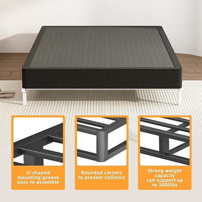 VIPSHOW 7 Inch Queen Metal Box Spring with Round Corners - 3000 lbs Capacity, High Profile Heavy Duty Mattress Foundation with Steel Slats, Noise-Free, Easy Assemble, Black