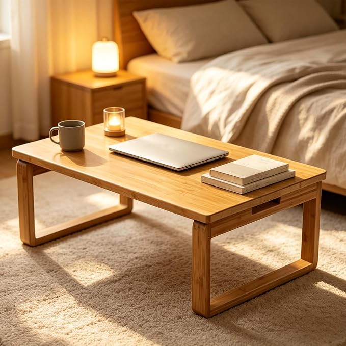 Portable Rectangle Foldable Coffee Table - Japanese Low Bamboo Table for Sitting on Floor, Dining, Tatami - Living Room Bedroom Meditation (23.6*15.7*10.2in)