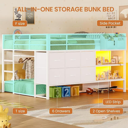 Full Over Twin Bunk Bed with 6 Drawers, Metal Frame Bunk Bed with LED Lights, Convertible Storage Bunk Bed with Extra-High Guardrails & Non-Slip Ladder, 2-Way Installation,for Teens, White
