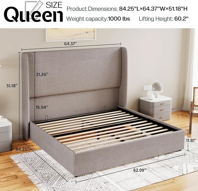 Jocisland Queen Size Upholstered Platform Bed Frame with Hydraulic Lift Storage, Wingback Headboard, Wood Slats Support, No Box Spring Needed, Linen Light Grey