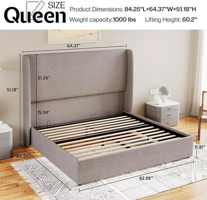 Jocisland Queen Size Upholstered Platform Bed Frame with Hydraulic Lift Storage, Wingback Headboard, Wood Slats Support, No Box Spring Needed, Linen Light Grey