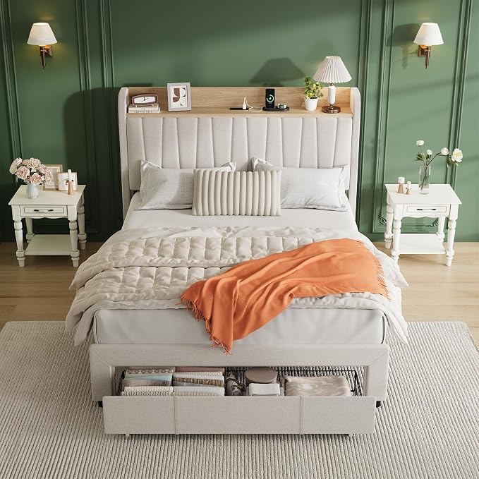 GarveeHome Upholstered Bed Frame with Storage Headboard and Charging Station, Platform Bed Frame with Drawers, Heavy Duty, No Box Spring Needed, Easy Assembly, Beige, Full Size