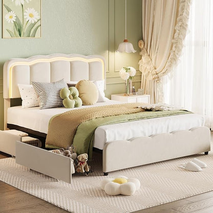 Garvee Full Size Bed Frame with 2 Storage Drawers and LED Lights, Upholstered Platform Full Bed with Adjustable Headboard, Wooden Slats Support, No Box Spring Needed, Easy Assembly, White