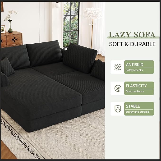 106" Modular Sectional Sofa with Reversible Chaise, Black Corduroy L-Shaped Cloud Couch for Living Room Apartment, 3-Piece Set, No Assembly Required, High-Density Supportive Foam