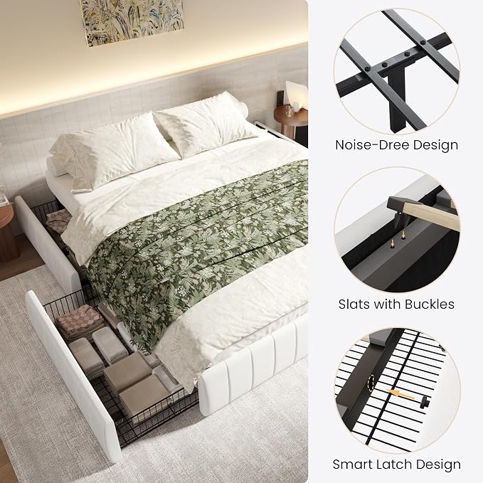 SHA CERLIN Full Size Velvet Upholstered Platform Bed Frame with 4 Storage Drawers, Vertical Channel Tufted, Low Profile, Fits Standard Headboards, Wooden Slats Support, Easy Assembly, White