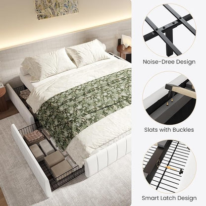 SHA CERLIN Full Size Velvet Upholstered Platform Bed Frame with 4 Storage Drawers, Vertical Channel Tufted, Low Profile, Fits Standard Headboards, Wooden Slats Support, Easy Assembly, White