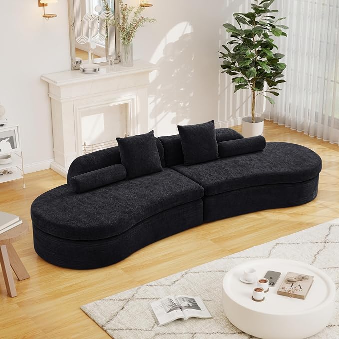 126" Curved Modular Sectional Sofa, Chenille Upholstered Cloud 4 Seater Couch for Living Room, No Assembly Modern Love Seat Sofa with 2 Bolster Pillows & 2 Square Pillows, High-Density Foam, Black