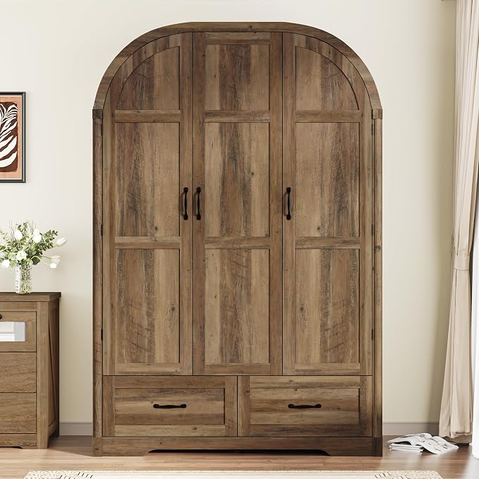Squireewo 3 Doors Armoire Wardrobe Closet with Mirror and Lights, 71" Farmhouse Arched Wooden Wardrobe Cabinet with 2 Drawers,Hanging Rod, Clothing Storage Closet Cabinet for Bedroom,Light Rustic Oak