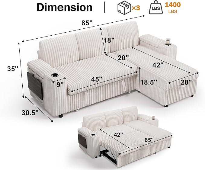 Vipbear 86" Modular Sectional Sleeper Sofa with Pull Out Bed, 3 Seat Plush Corduroy L Shaped Couch with Storage Chaise|USB Ports|Cup Holders|Side Table|Storage Armrests, Tool Free Assembly, Beige