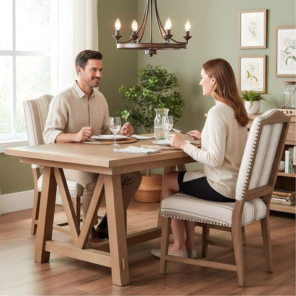 ROCITY Linen Dining Chairs Set of 6 Upholstered Farmhouse Dining Room Chairs Kitchen Side Chairs with Wooden Legs&Nailhead Trim, Beige with Brown Stripe