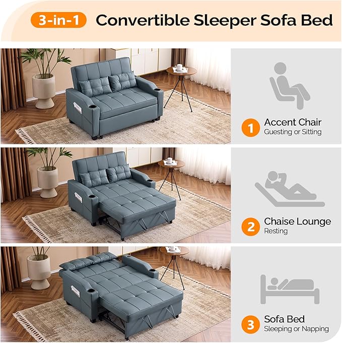 VINGLI Convertible Loveseat Sleeper Sofa, Blue Grey Faux Leather Futon Sofa Bed Pullout Couch Bed with USB Ports, Cup Holders, Armrest for Living Room, Bedroom, Home Office Apartment