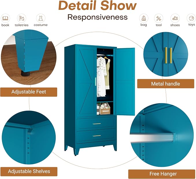 71" H Armoire Wardrobe Closet with 2 Drawers, Metal Wardrobe Closet with Doors and Adjustable Shelves, Wardrobe Cabinet with Hanging Rod, Closets for Bedroom, Laundry Room, Blue