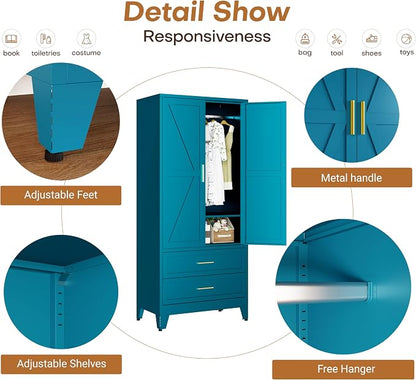 71" H Armoire Wardrobe Closet with 2 Drawers, Metal Wardrobe Closet with Doors and Adjustable Shelves, Wardrobe Cabinet with Hanging Rod, Closets for Bedroom, Laundry Room, Blue