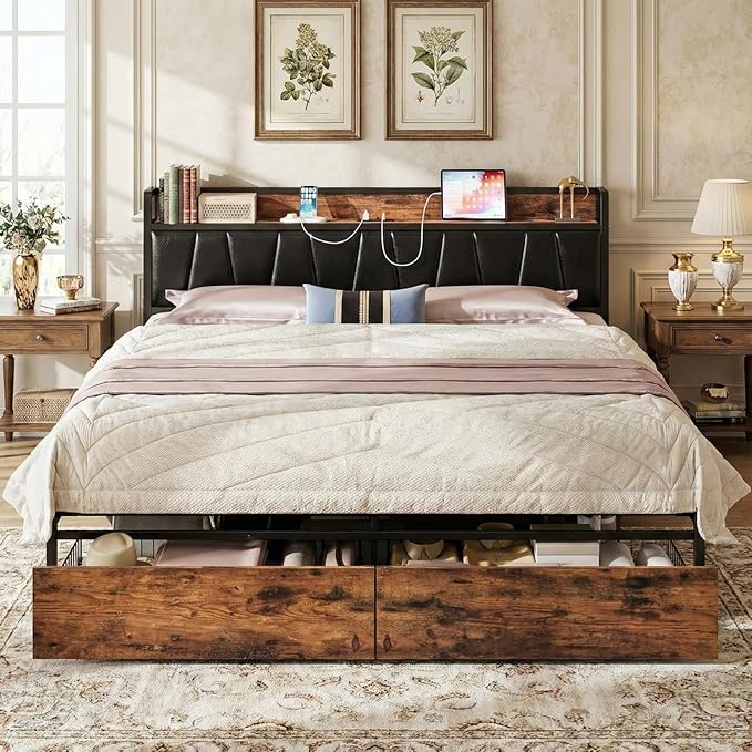 LIKIMIO King Size Bed Frame with 2 Drawers and Charging Station | Platform Bed with Upholstered Storage Headboard, No Box Spring Needed, Easy Assembly, Sturdy, Vintage Brown and Black