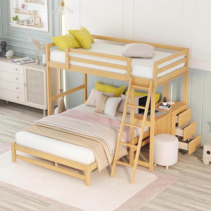 Ball & Cast Twin Over Full Bunk Bed with Safty Guardrail & Stair,Solid Wood Construction W/Built-in Desk & 3 Drawers,Can Divided Into 2 Bedframe,Easy Assembly,for Boy Girl Teen Adult Bedroom,Natural
