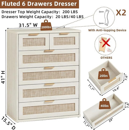 LEYAOYAO White Dresser for Bedroom, 41" Tall Chest of Drawers, Modern 6 Drawers Boho Rattan Dressers with Storage, Dresser Wooden Closet Organizer for Living Room, Hallway