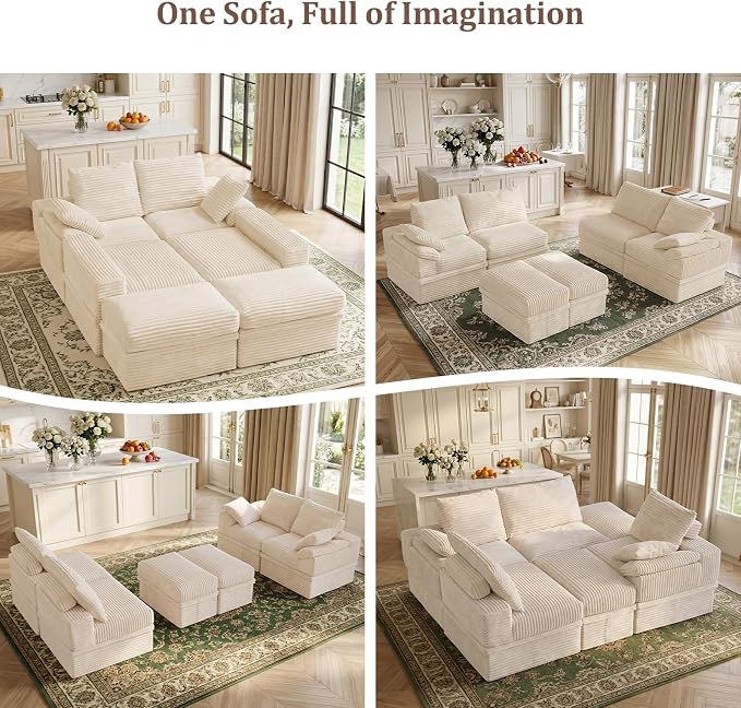 142" Modular U-Shaped Sectional Sofa with Storage, 4-Seat Corduroy Boneless Couch, 27" Deep Seat Cloud Couch & 2 Movable Ottoman, Tool-Free Assembly, Couch for Living Room, Beige