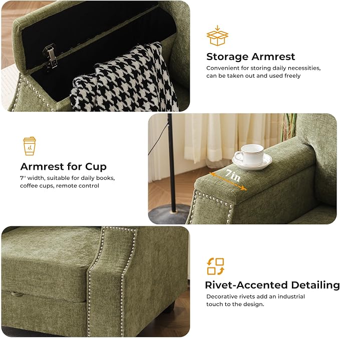 Rexulqo 85'' L Shaped Couch with Armrest Organizer,3 Seats Sofas with Storage Ottoman,Comfy Sectional Sofa with Thick Cushion,Chenille Sectional Couches for Living Room,Bedroom,Apartment,Green