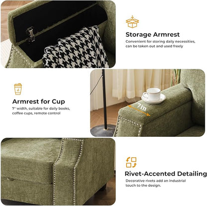 Rexulqo 85'' L Shaped Couch with Armrest Organizer,3 Seats Sofas with Storage Ottoman,Comfy Sectional Sofa with Thick Cushion,Chenille Sectional Couches for Living Room,Bedroom,Apartment,Green