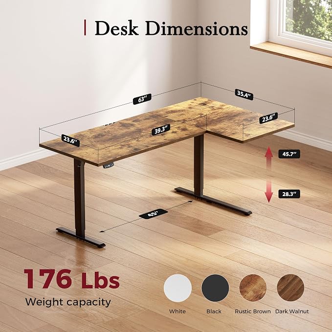 Klicelor L Shaped Standing Desk, 63 Inch Electric Height Adjustable Desk with Memory Preset, Reversible Sit Stand Up Computer Workstation for Home Office, Splice Board, Rustic Brown