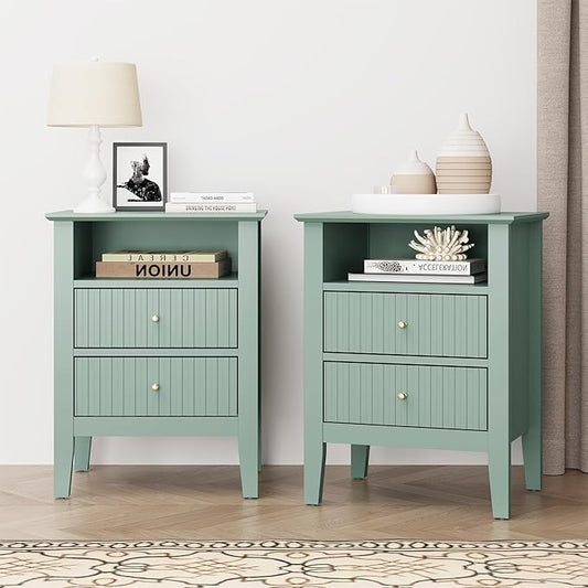 RoyalCraft Fluted Nightstand Set of 2, Colorful Nightstand with 2 Drawers, Modern Wooden End Table with Storage for Small Spaces, Side Table for Bedroom, Couch, Home Office, Milky Green