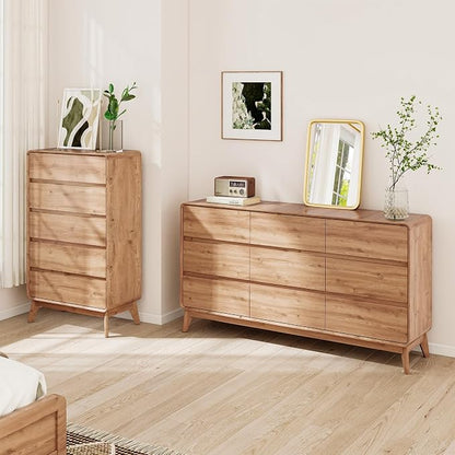 2-Piece Farmhouse Bedroom Dresser Set, Tall 5-Drawer Chest & 9-Drawer Dresser, Handle-Less Design, Rounded Corners, Anti-Tip Safety Furniture, Wooden Bedroom Storage Cabinet, Natural