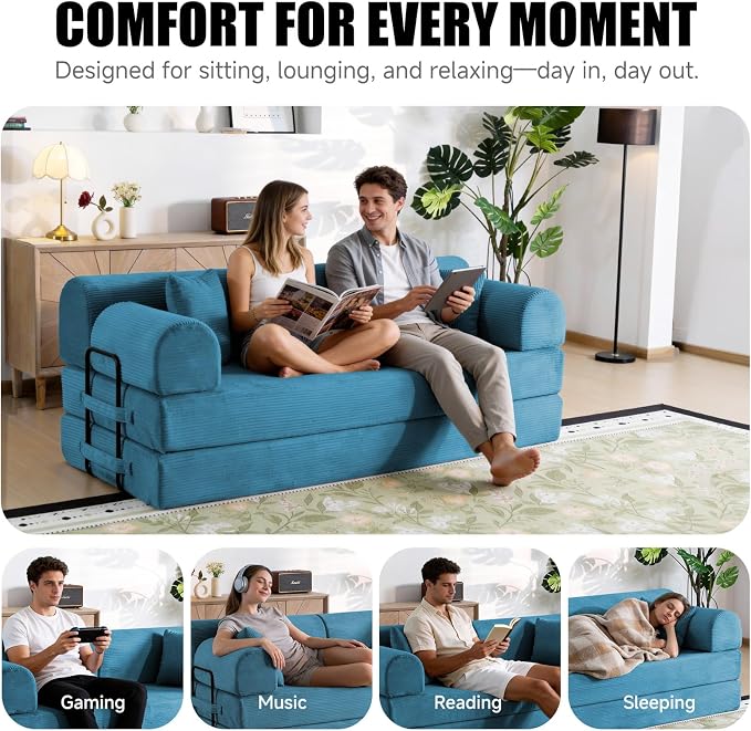 78.8" Memory Foam Boneless Couch, Corduroy Floor Sofa Bed, Convertible Sleeper Futon Loveseat, Wide Armrests & Back Support, Supports Up to 1200 lbs, Couch in a Box with 2 Pillows, Ocean Blue