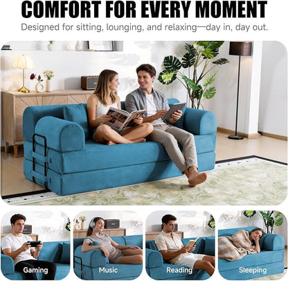 78.8" Memory Foam Boneless Couch, Corduroy Floor Sofa Bed, Convertible Sleeper Futon Loveseat, Wide Armrests & Back Support, Supports Up to 1200 lbs, Couch in a Box with 2 Pillows, Ocean Blue