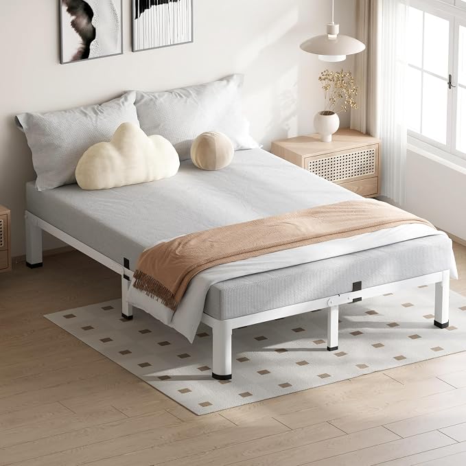 VIPSHOW 7 Inch White Queen Bed Frame, 3500Lbs Heavy Duty Metal Platform with Round Corner Legs Mattress Slide Stopper, Steel Slat Support No Box Spring Needed, Noise Free, Non-Slip, Easy Assembly