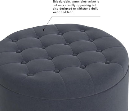HomePop 28" Button Tufted Velvet Round Storage Ottoman - Steel Blue Velvet
