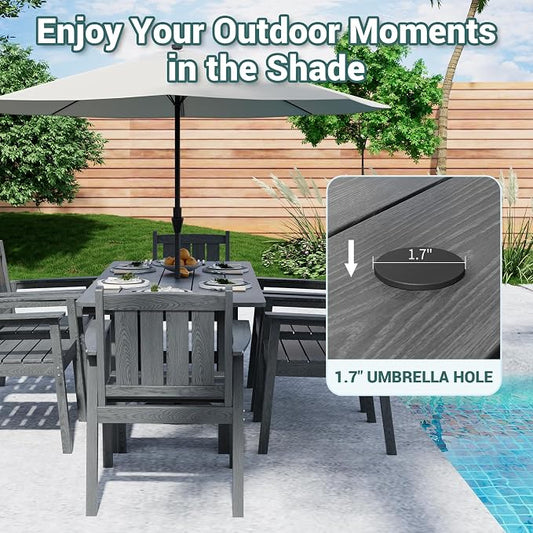 Pamapic 7 PCS Outdoor Dining Set, Spacious HDPE Outdoor Table and Chairs, Wood Grain Patio Furniture Sets with Elegant Armrest, All-Weather Outdoor Furniture with Umbrella Hole, Gray