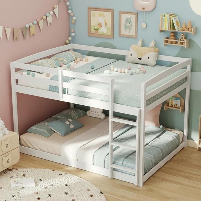 KOMFOTT Low Bunk Bed Full Over Full, Solid Wood Full Bed Frame with Built-in Ladder & Safety Guardrails, Teens, No Box Spring Needed, Space-Saving Low Bunk Bed for Kids