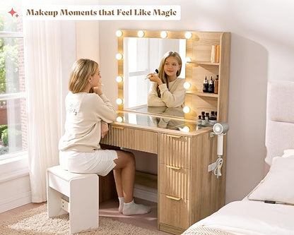 AMERLIFE 36.2" Fluted Vanity Desk with Mirror and Adjustable LED Lights, Large 4 Drawers Makeup Vanity Table with Glass Top and Charging Station for Women and Girls, Bedroom or Dorm, Natural Oak