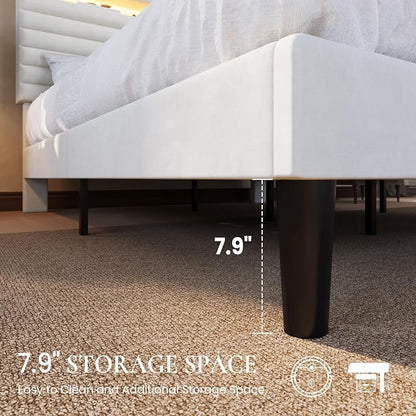 SHA CERLIN King Bed Frame with LED Light & 2-Tier Storage Shelf, Velvet Upholstered Adjustable Headboard with Charing Station, Horizontal Channel Tufted, No Box Spring Needed, Easy Assembly, White